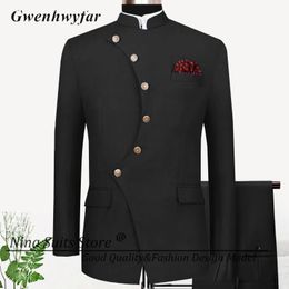 G N 2024 African Design Men Suits Whole Black Unique Blazer Button Way Slim Fit Pants Groomsmen Wedding Tuxedos 2 Pieces Suit 231227