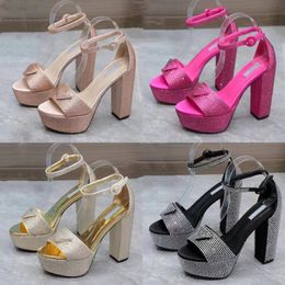 rhinestone sandals Luxury Designers womens platform heel dress shoes Classic triangle buckle Embellished Ankle strap Pumps 10CM high Heeled women sandal with box