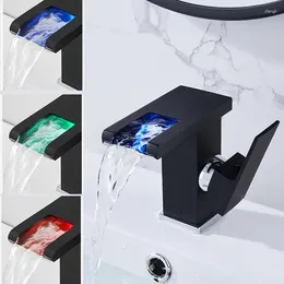 Bathroom Sink Faucets LED RGB Colour Waterfall Basin Faucet Wash Mixer Tap Black Deck Single Handle Toilet