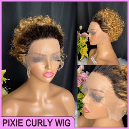 Malaysian Peruvian Indian Brazilian 1b27 100% Raw Virgin Remy Human Hair Deep Wave Pixie Curly Cut 13x1 Short Wig
