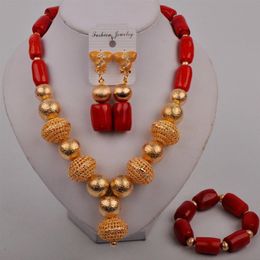 Nigerian Dubai Gold African Necklace Earrings Bracelet for Women Red Coral Beads Wedding Jewellery Set247Q