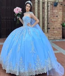 Quinceanera Dresses Light Blue Party Prom Ball Gown Tulle Custom Zipper Lace Up Plus Size New 3D Floral Appliques Applique Beaded O-Neck Long Sleeve Illusion