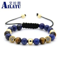 Bangle Ailatu Men's Jewellery Wholesale 10pcs/lot 8mm Lapis Stone Beads & 9mm Micro Paved Blue Cz Ball Macrame Braiding Bracelet