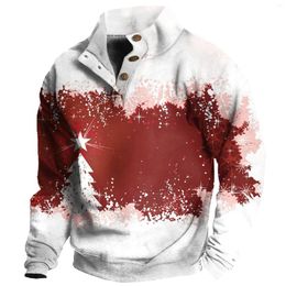 Men's Hoodies Christmas Print Pullover Autumn And Winter Velvet Stand-Up Collar Button Long-Sleeved Outdoor Daily Sweatshirt Top 2023