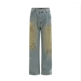 Men's Jeans Mud-Dye Distressed Washed Light Blue Straight Wide Leg Men And Women Casual Versatile Pants Ripped Beggar Denim