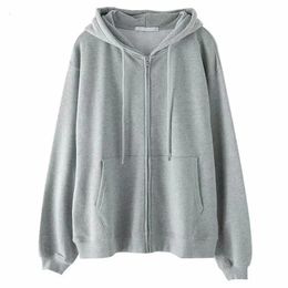 Sweatshirt Hoodie Oversize Hooded Cardigan Sweatshirts Grey Women Clothes Solid Zip Up Hoodies Spring Tops Long Sleeves 231226