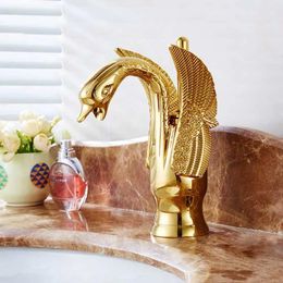 Faucets Allcopper European antique faucet elevated goldplated Swan basin faucet platform basin hot and cold