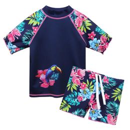 set Baohulu Navy Flower Girls Swimwear Two Pieces Short Sleeve Kids Swimsuit Set for 310 Years Children Swimwear Beach Bathing Suit