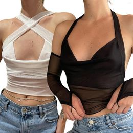 Women's T Shirts Women Wrap Halterneck Tops Drape Front Backless Crop Casual Camisole Summer Streetwear Clubwear