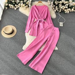 Casual Dresses 2Pcs/set Female Loose Sweater Sets Unique Long Sleeve Waist Knitted Cardigan Wide Leg Pants Winter Two Pieces Suits