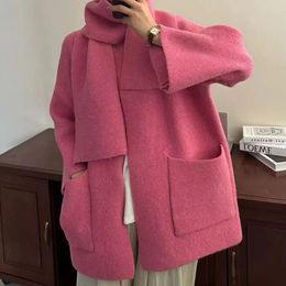 SuperAen Korean Autumn and Winter Loose Simple Style Round Neck Knitted Cardigan Scarf Two Piece Sweater for Women 231227