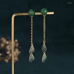 Stud Earrings Vintage Gold Colour Bar Long Thread Tassel Drop For Women Enamel Feather Fashion Jewellery 2023