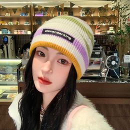 Beanie Skull Caps Striped Knitted Hat Letter Loose Big Headed Children's Autumn and Winter Warmth Versatile Ear Protection Stacked