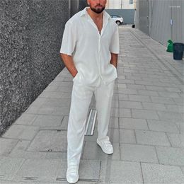 Men's Tracksuits White Men Pant Sets Lapel Button-up Short Sleeve Shirt Long Pants Casual Beach Outfits Clothing Two Piece Tracksuit