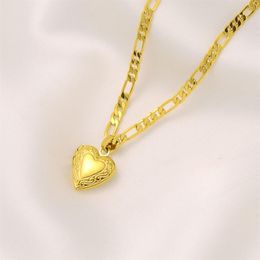 Womens Lines Heart Pendant Italian Figaro Link Chain Necklace 18k Solid Yellow Gold GF 24 3 mm313Z