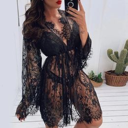 Women's Sexy Lingerie Silk Lace Robe Dress Nightdress Sleepwear Kimono Pyjama Set V-neck Nightdress Lace Up Loose Nightgown Robe 231226