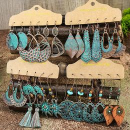 Vintage Ethnic Turquoises Drop Earrings for Women Bohemian Hollow Geometric Beads Tassel Girls Party Jewellery Gifts 231226