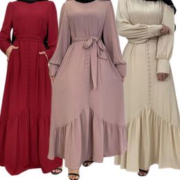 Ethnic Clothing Plain Women Muslim Elegant Eid Party Abaya Long Maxi Dresses Turkey Arab Kaftan Dubai Robe Belted Islamic Femme Ramadan