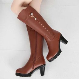 Winter Knee High Boots Warm Wool Fur Shoes Woman Heels Soft Leather Non-slip Womens Footwear Botas 230922