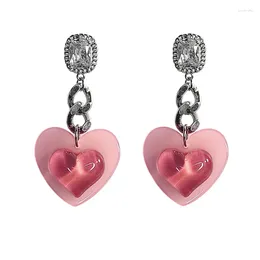 Dangle Earrings Women's S925 Silver Needle Lovely Japanese And Korean Style Love Zircon Chain Pink Gradient