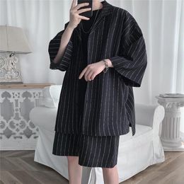 Men's Tracksuits Set Summer Fashion Loose Casual Half Sleeve Striped Shirts And Shorts Sets For Men Korean Luxury Clothing Big Size Black