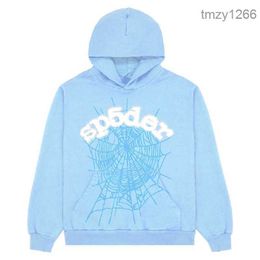 2023 Sp5der 555555 Hoodies Mens Womens Angel Number Puff Pastry Printing Graphic Spider Web Sweatshirts Streetwear Top Clothing Light Blue N9XE