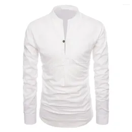 Men's T Shirts Men Shirt Solid Colour Stand Collar Long Sleeve Buttons Anti-pilling Business Pullover Slim Fit Spring For Work