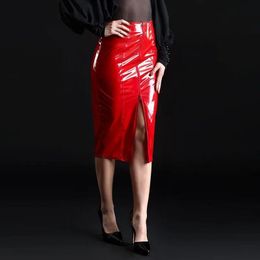 Dresses High Waist Faux PU Leather Midi Skirts Women Sexy Front Split Pencil Skirts Ladies Shiny Patent Leather Slim Clubwear New Custom