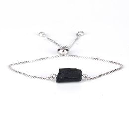 Natural Rough Black Tourmaline Mineral Precious Stone Bead Health Adjustable Healing Silver Colour Link Bracelets For Women Beaded 195U