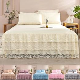 Princess Lace European Style Three Layer Solid Color Bed Skirt Bedspread Ruffle Mattress Non Slip Pillowcase 231227