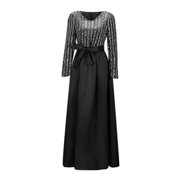 Casual Dresses Women Fashion Evening Gowns Elegant V Neck Patchwork Long Sleeve Party Dress Lace Up Banquet Graduation Maxi