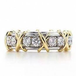Lady's 925 Sterling Silver Tanzanite Couple rings Yellow Gold Cross Eternal Band Wedding Ring for Women Brand Jewellery size 5-2994