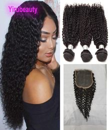 Brazilian Human Hair Kinky Curly 3 Bundles With 5x5 Lace Closure Baby Hair Double Wefts Middle Three Part Natural Color6695694