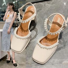 Sandals String Bead Square Toe Modern Women Slippers Summer Thick High Heels Shoes Woman Pumps Pearl Buckle Strap Sandalias 2023