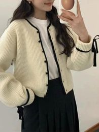 Women's Sweaters Sweet Knitted Sweater Women Elegant Bow Cardigan Female Vintage Fashion Short Knitwear Top Lady Casual Loose Chic V-Neck