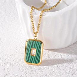 Pendant Necklaces Retro Style Square 316L Stainless Steel Women's Necklace Minimalist Green Stripe Famale Clavicle Chain Jewellery 2024