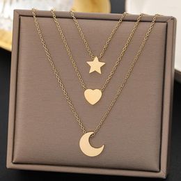 Pendant Necklaces 316L Stainless Steel Fashion Fine Jewellery 3-Layer Star Moon Love Heart Zircon Charm Chain Choker For Women