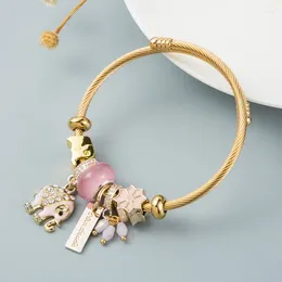 Bangle Bohemia Elephant Butterfly Charm Open Gold Color Plated Stainless Steel Resizable Jewelry