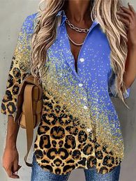 Women's Blouses 2023 Shirt Blouse Yellow Pink Blue Leopard Button Print Long Sleeve Casual Basic Daily Tops Summer Plus-size