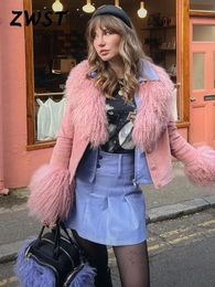 Pink Fur Leather Jacket Women Furry Patchwork Long Sleeve Single Breasted Female Short Coat V-neck Slim Street Lady Overcoat 231226