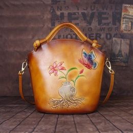 Evening Bags Retro Female Luxury Designer Handbags High Quality 2024 Spring Bucket Floral Genuine Leather Shoulder Crossbody Sac A Main