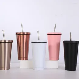 Mugs 16oz 304 Stainless Steel Cup With Metal Straw Large Capacity Vacuum Flasks Solid Color Coffee Tumbler Mug