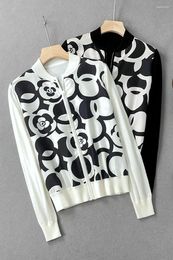 Women's Knits Positioning Printing Silk Wool Stand Collar Long Sleeve Sweater Zipper Cardigan Top Baseball Uniform