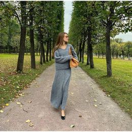 Work Dresses Fall V-neck Tops Long Skirt Sets Women Fluffy Soft Mink Cashmere Sweater Suits 2024 Female Elegant Solid Warm Outfits Z002