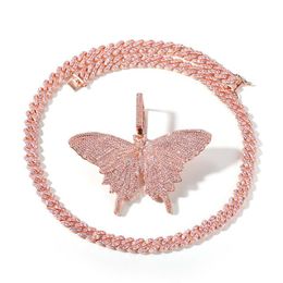 Hip Hop Rose Gold Butterfly Pendant Necklaces Pink Cuban Link Chain Tennis Chain For Men Women Iced Out Cubic Zircon Fashion Jewel2776