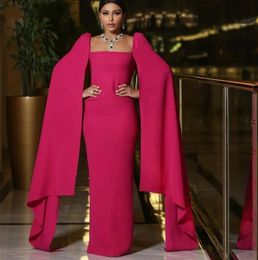 Elegant Fuchsia Evening Pageant Dress 2024 Cape Sleeve Square Neck Soft Satin Sheath Long Formal Party Prom Gowns Arabic Dubai Vestidos De Gala Robe De Soiree