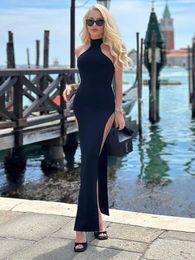 Casual Dresses Ailigou 2023 Women's Black Sexy Sleeveless Tight Height Split Long Bandage Dress Elegant Celebrity Party Clubwear