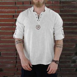 Men's Casual Shirts Medieval Pirate Linen Top Shirt Men Nordic T-Shirt Cosplay Lace-Up Tee Embroidered Long And Short Sleeve Stand Collar