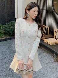 Casual Dresses Women's Mini Dress 2023 Tweed Ruffles Single Breasted Pearl Buttons Round-neck Slim Elegant Long Sleeve Robe