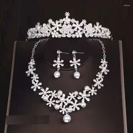 Necklace Earrings Set Women's Florals Rhinestone With Pearl Crown Bridal Party Jewellery